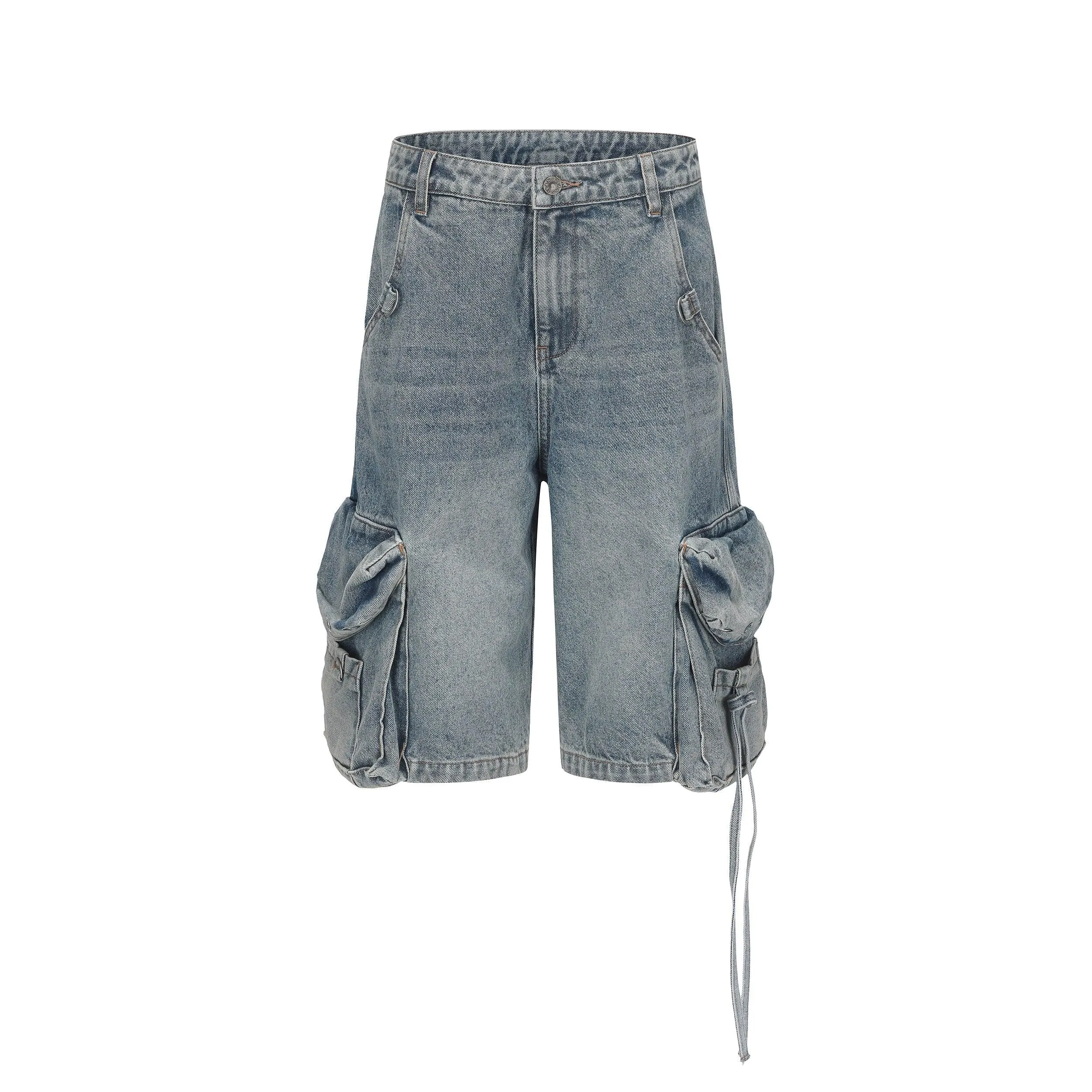 24Ans Distressed Denim Cargo Shorts - Men'S Loose Fit Washed Jean Shorts With Chain Accent