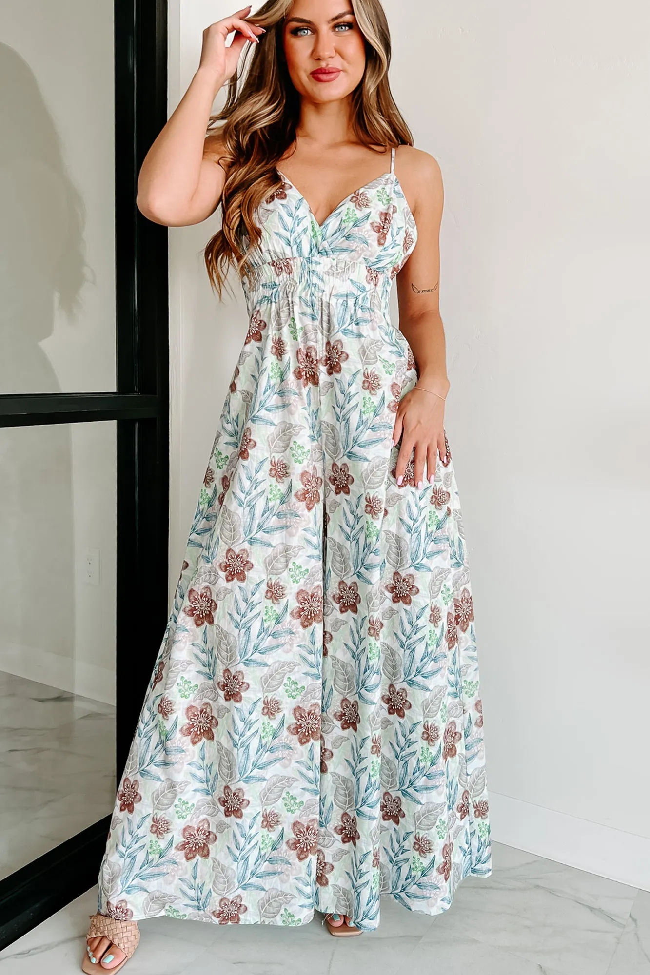 Ainsley Floral Wide Leg Jumpsuit (White/Brown/Blue)