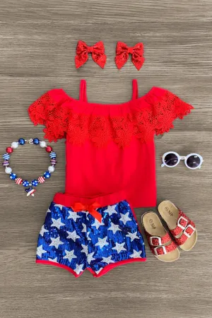 American Cold Shoulder Sequin Short Set