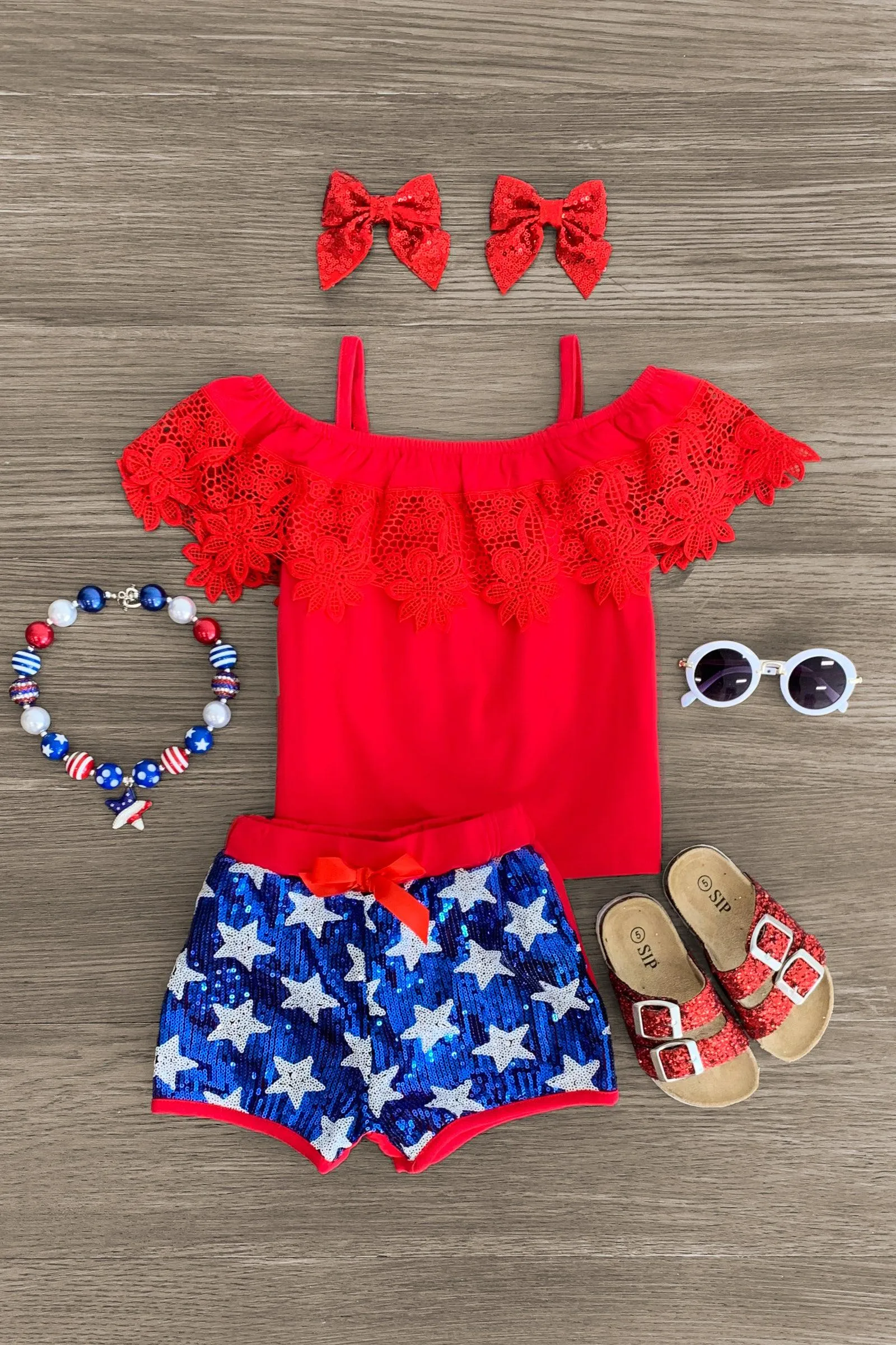 American Cold Shoulder Sequin Short Set