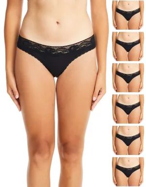 Black Cotton Bikini Panties with Lace Waistband 6-pack