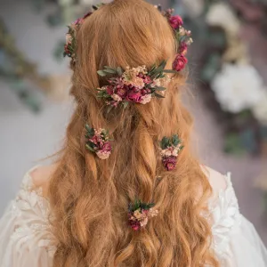 Burgundy flower hair comb and 3 hairpins