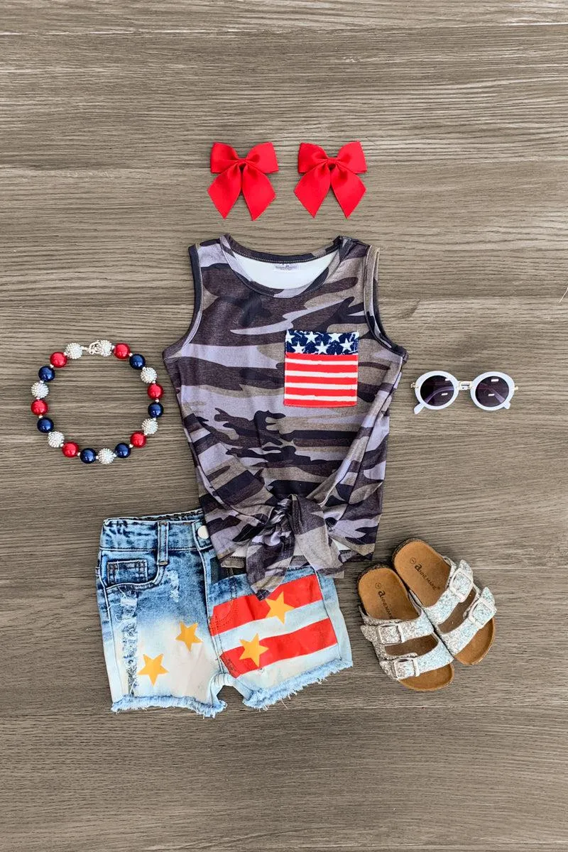 Camo American Flag Denim Short Set