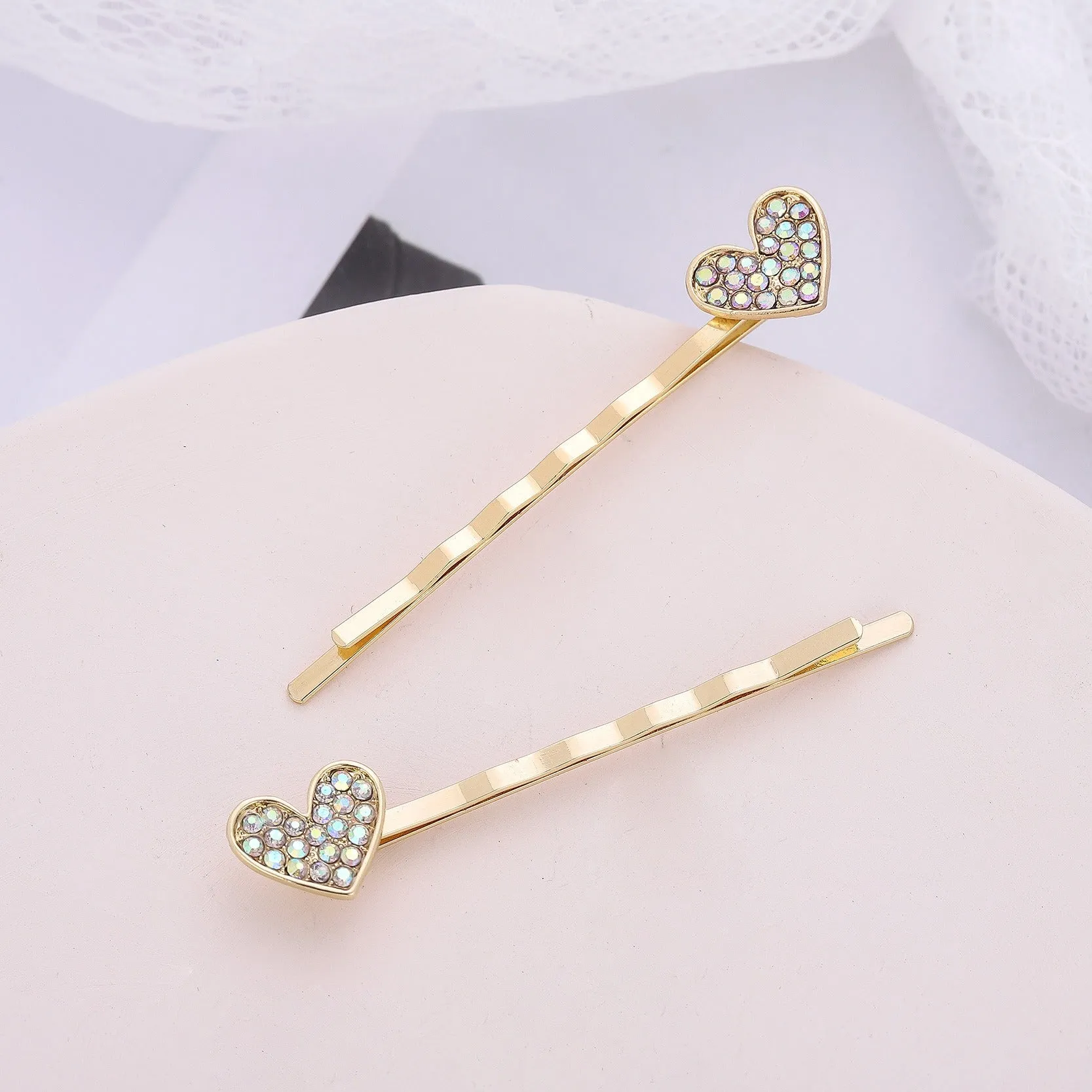 Faux Diamonds Heart Bobby Pins - Pair