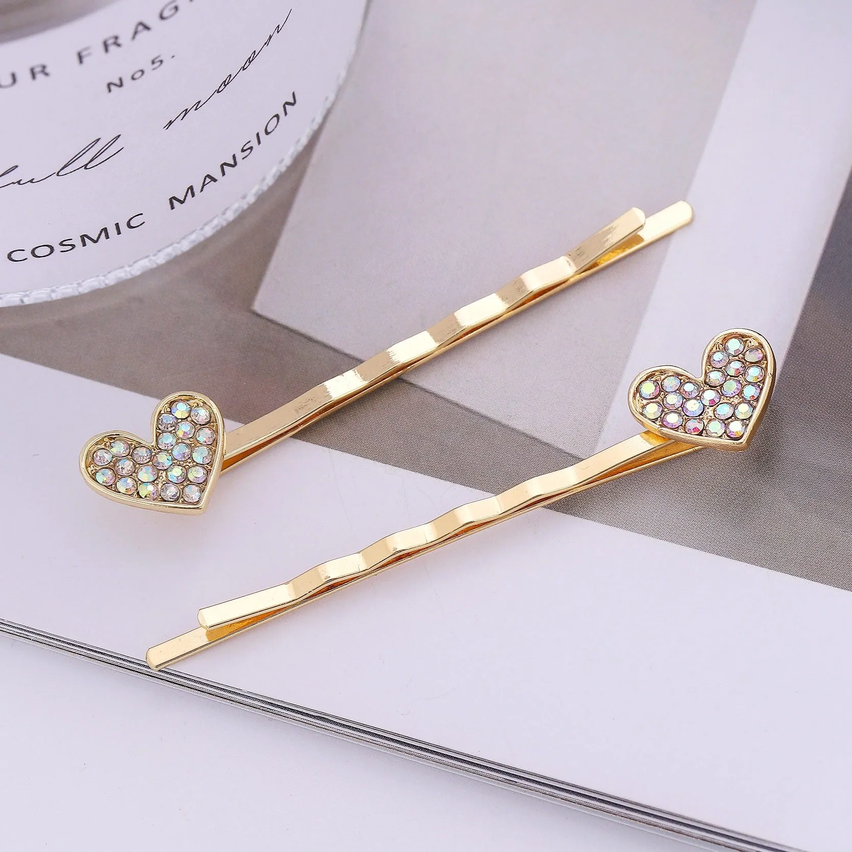 Faux Diamonds Heart Bobby Pins - Pair