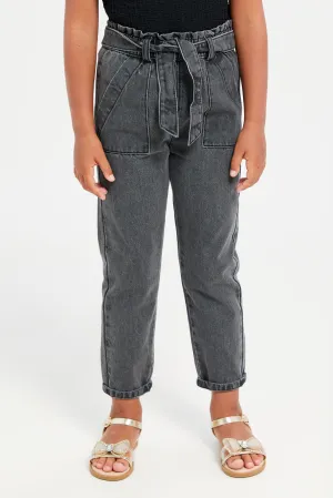 Girls Black Paper Bag Waist Belted Jeans