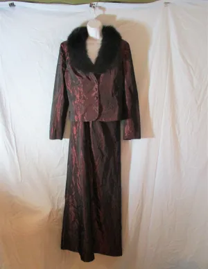 KAY UNGER Sheer FOX FUR RED Blazer JACKET Dress Gown Set 12  RED BLACK Wedding