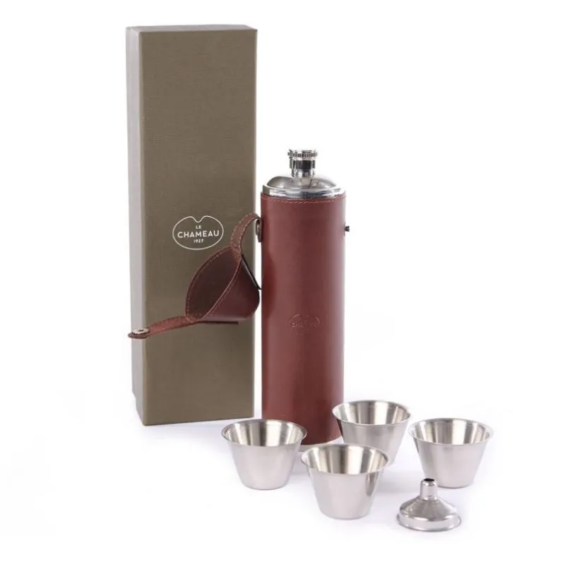 Le Chameau Rounded Leather Hip Flask & Cup Set - Marron Fonce