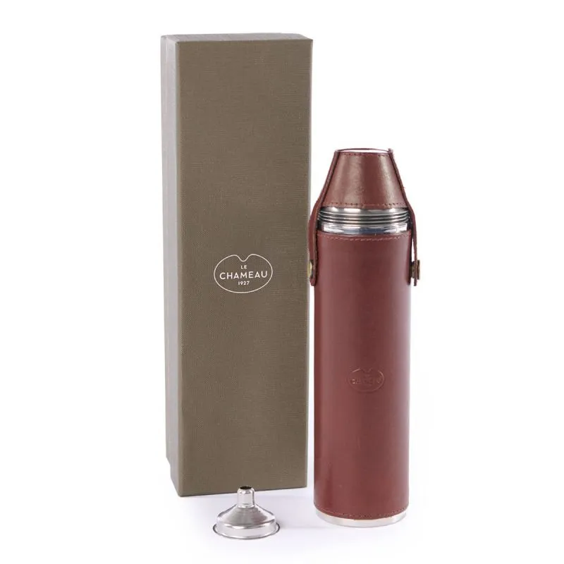 Le Chameau Rounded Leather Hip Flask & Cup Set - Marron Fonce