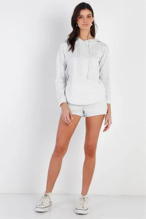 Light Grey Racer Back Detail Long Sleeve Hooded Top & Short Set /2-1-1