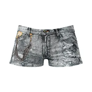 Male Power Dirty Denim Low Cut Waist Mini Short with Penis Pouch Denim Jean Print