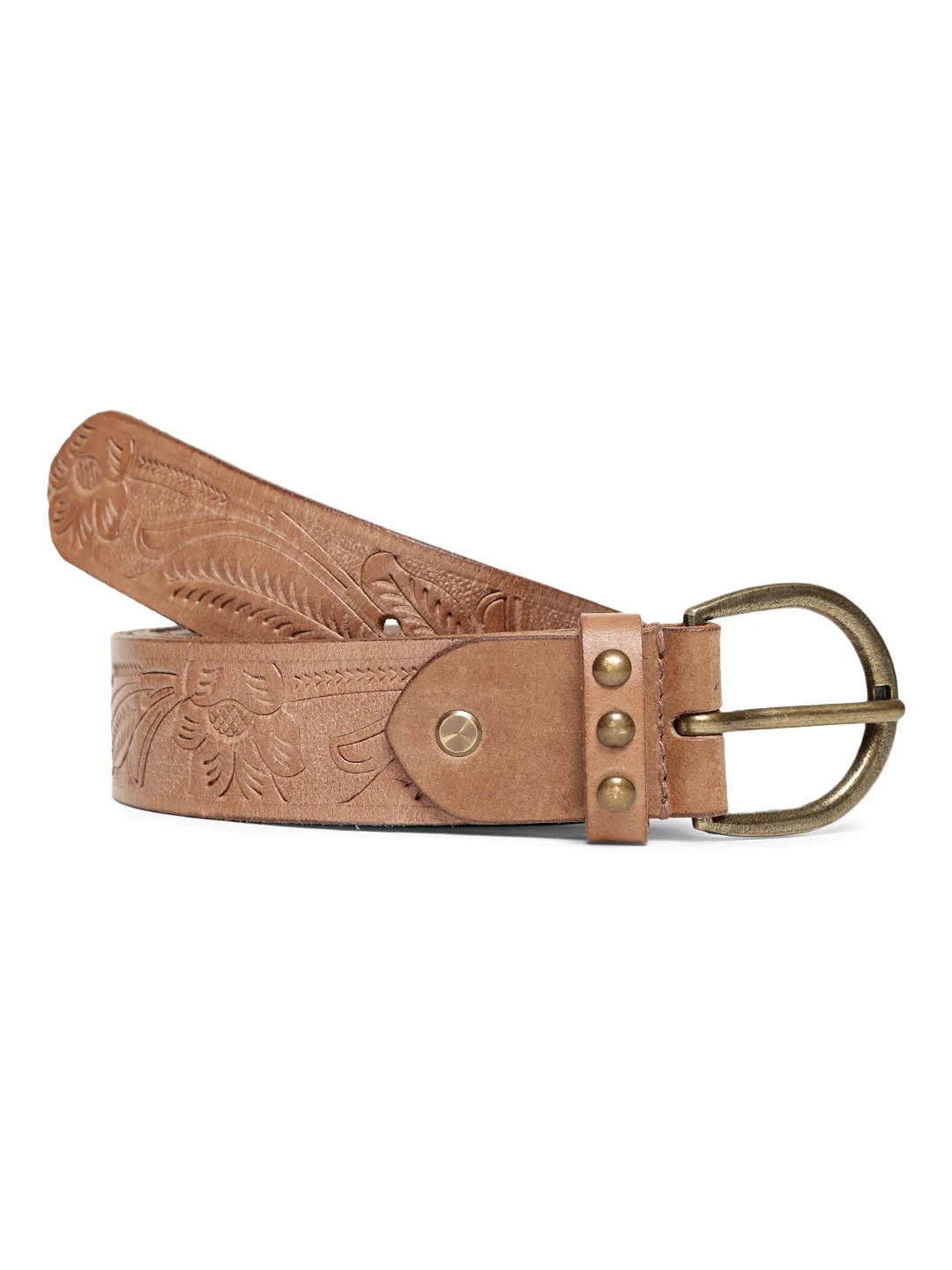 Natural Hand-tooled Design Leather Belt By Art N Vintage