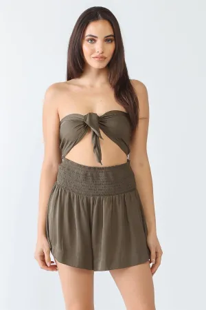 Olive Satin Smocked Self-Tie Crop Top & High Waist Shorts Set /3-2-1