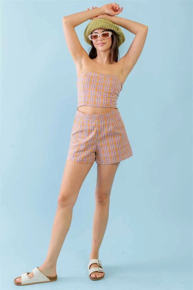 Orange & Aqua Crop Top & High Waist Shorts Set