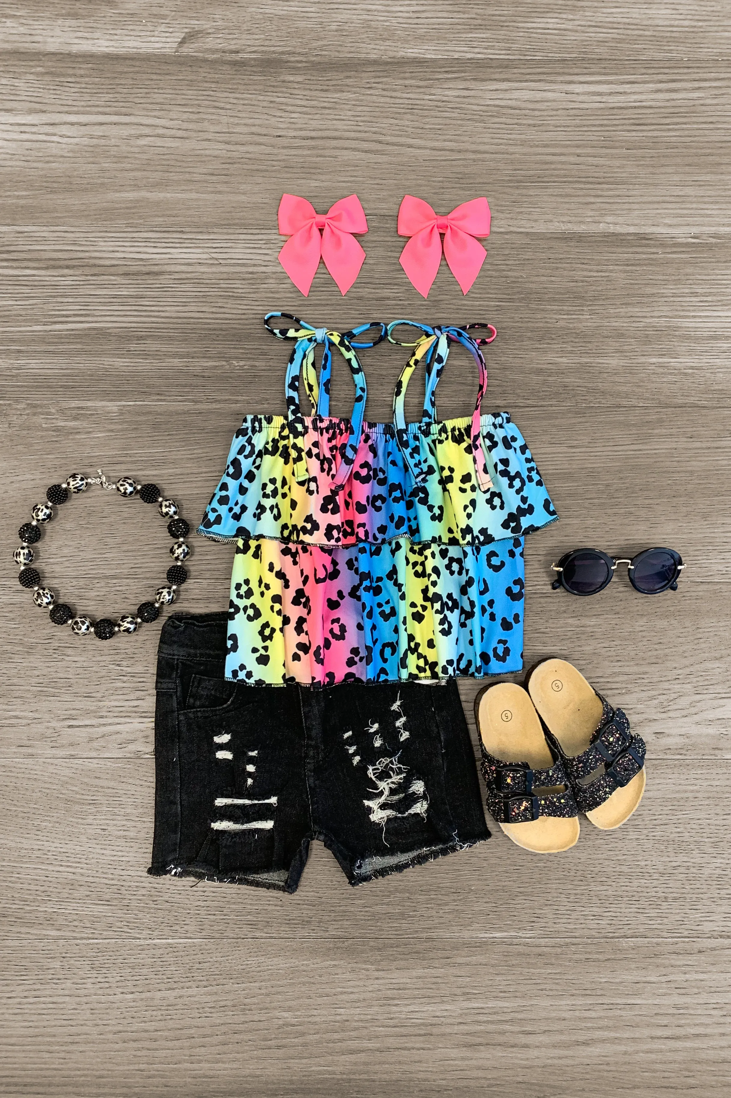 Rainbow Cheetah Tie Shoulder Denim Short Set