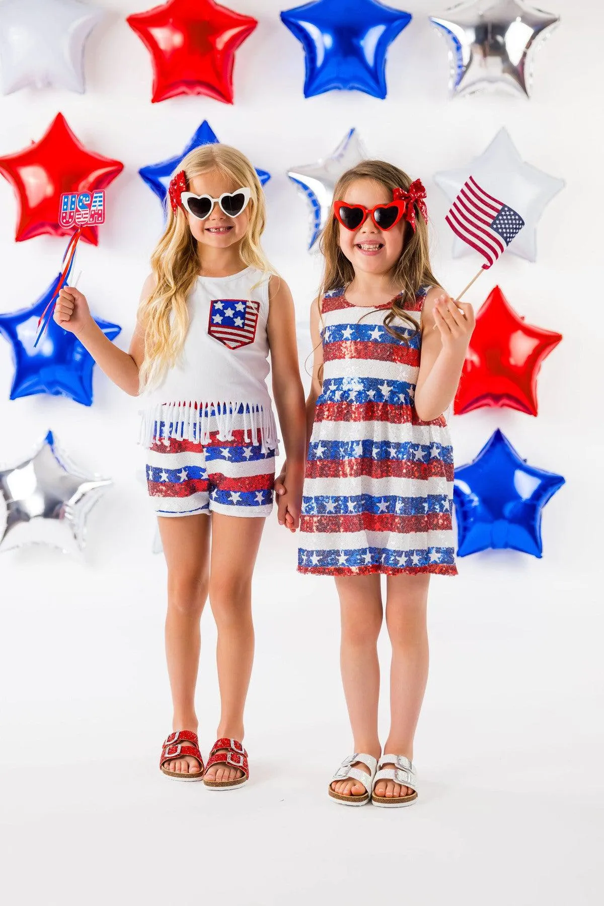 White Sequin American Flag Fringe Short Set