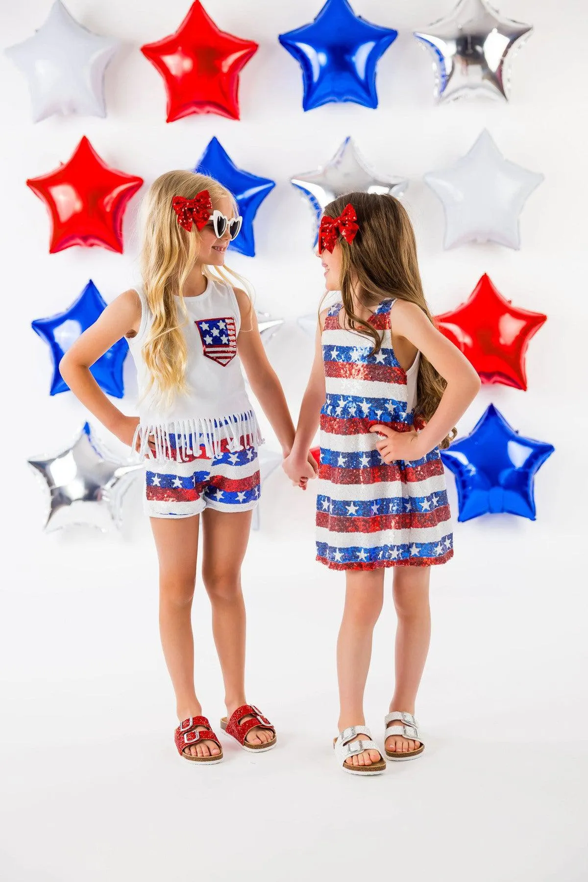 White Sequin American Flag Fringe Short Set