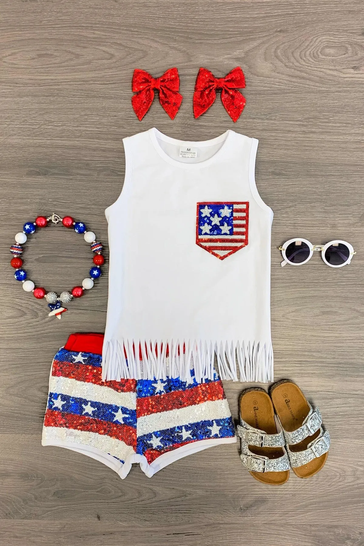 White Sequin American Flag Fringe Short Set