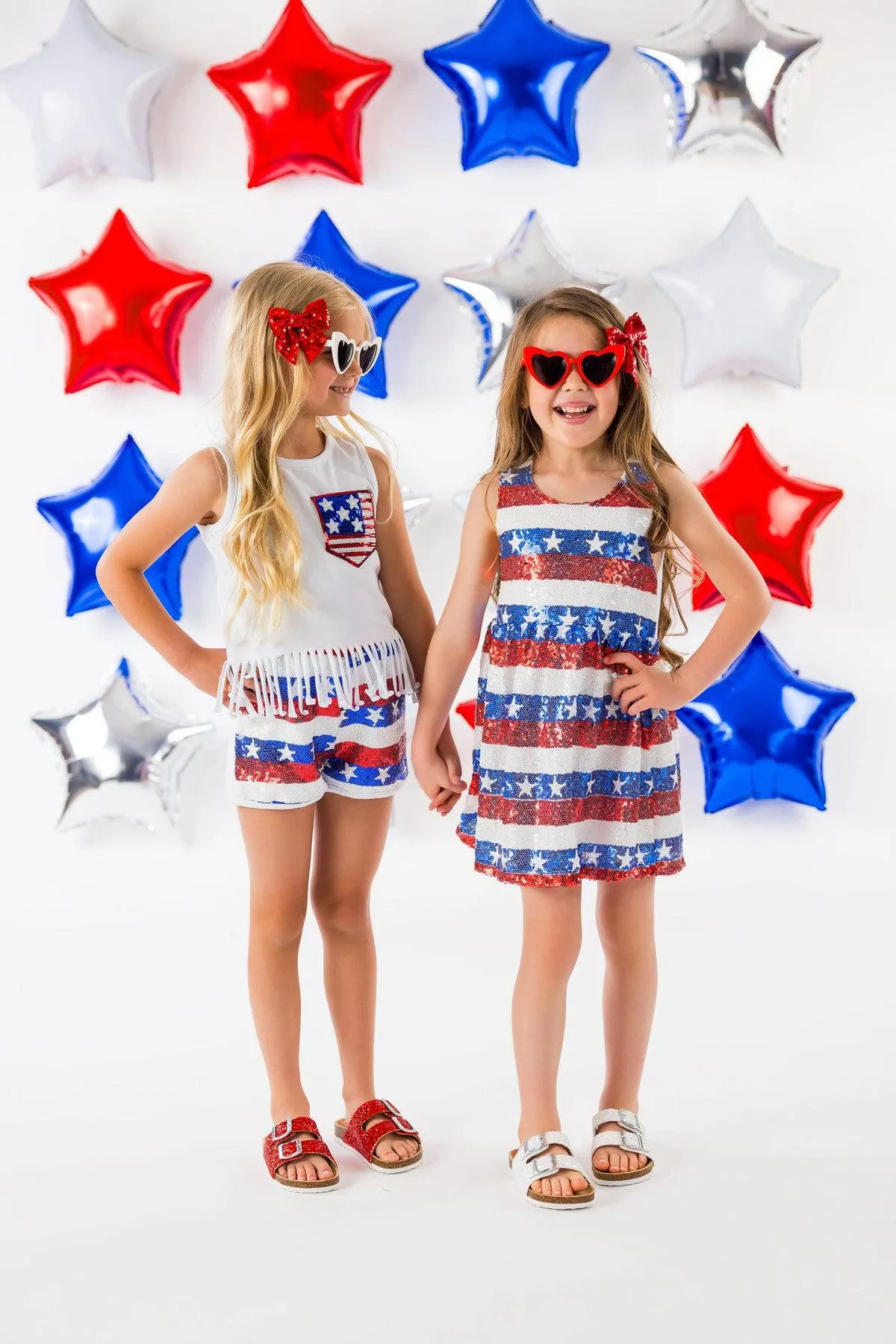 White Sequin American Flag Fringe Short Set